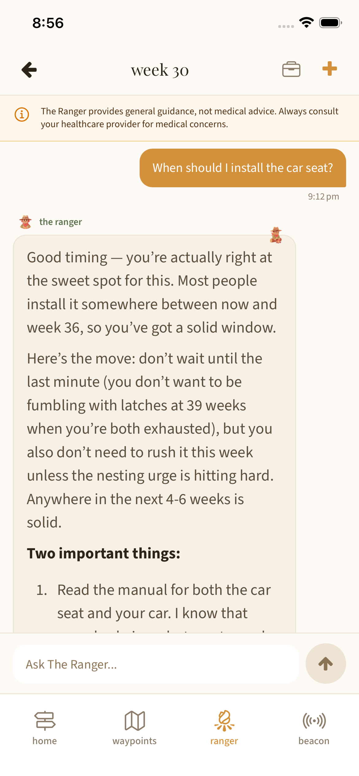 Ranger AI answering a car seat installation question with detailed advice