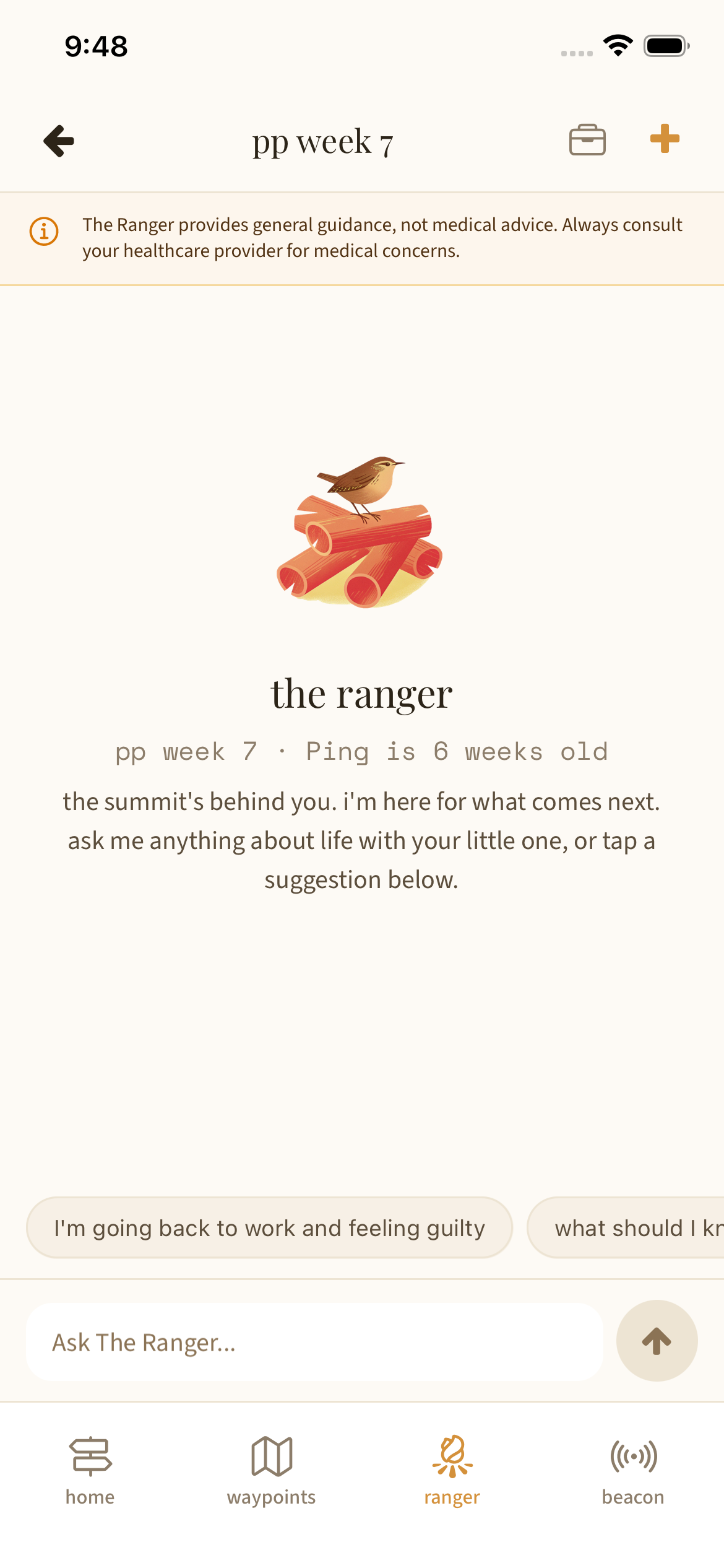 Ranger welcome screen — postpartum week 7, "the summit's behind you. i'm here for what comes next."